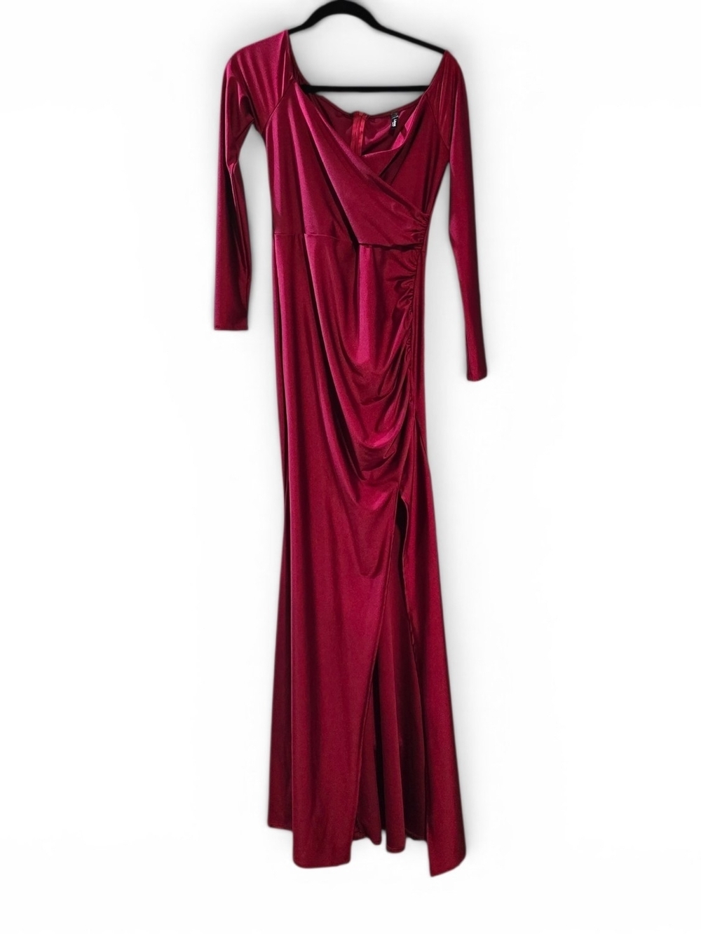 Off-Shoulder Deep Red Evening Dress with Front Slit